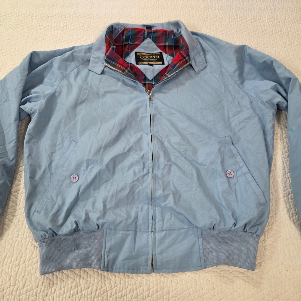 Cooper Sportswear Mens Light Blue Harrington Jacket Plaid Lined Size M Vintage